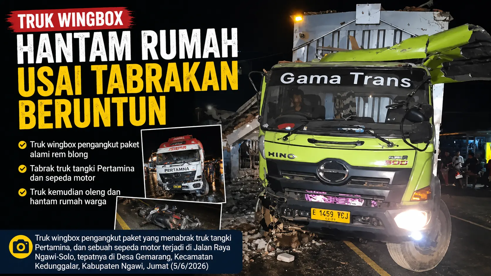 Truk Wingbox Hantam Rumah Usai Tabrakan Beruntun
