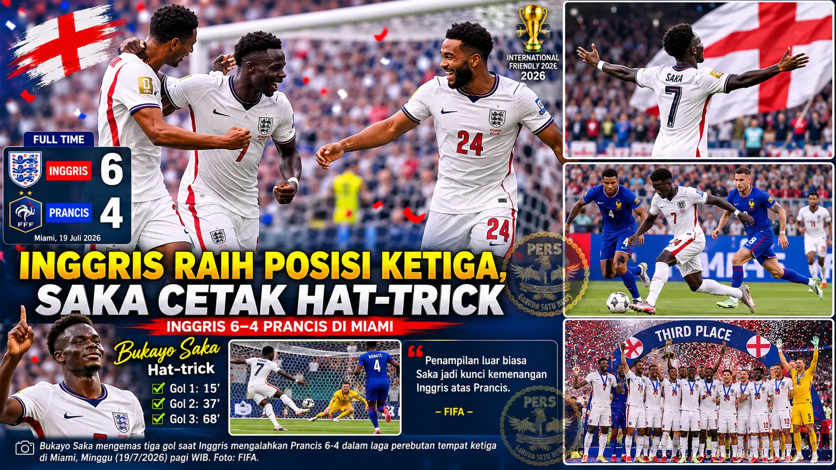 Inggris Raih Posisi Ketiga, Saka Cetak Hat-trick