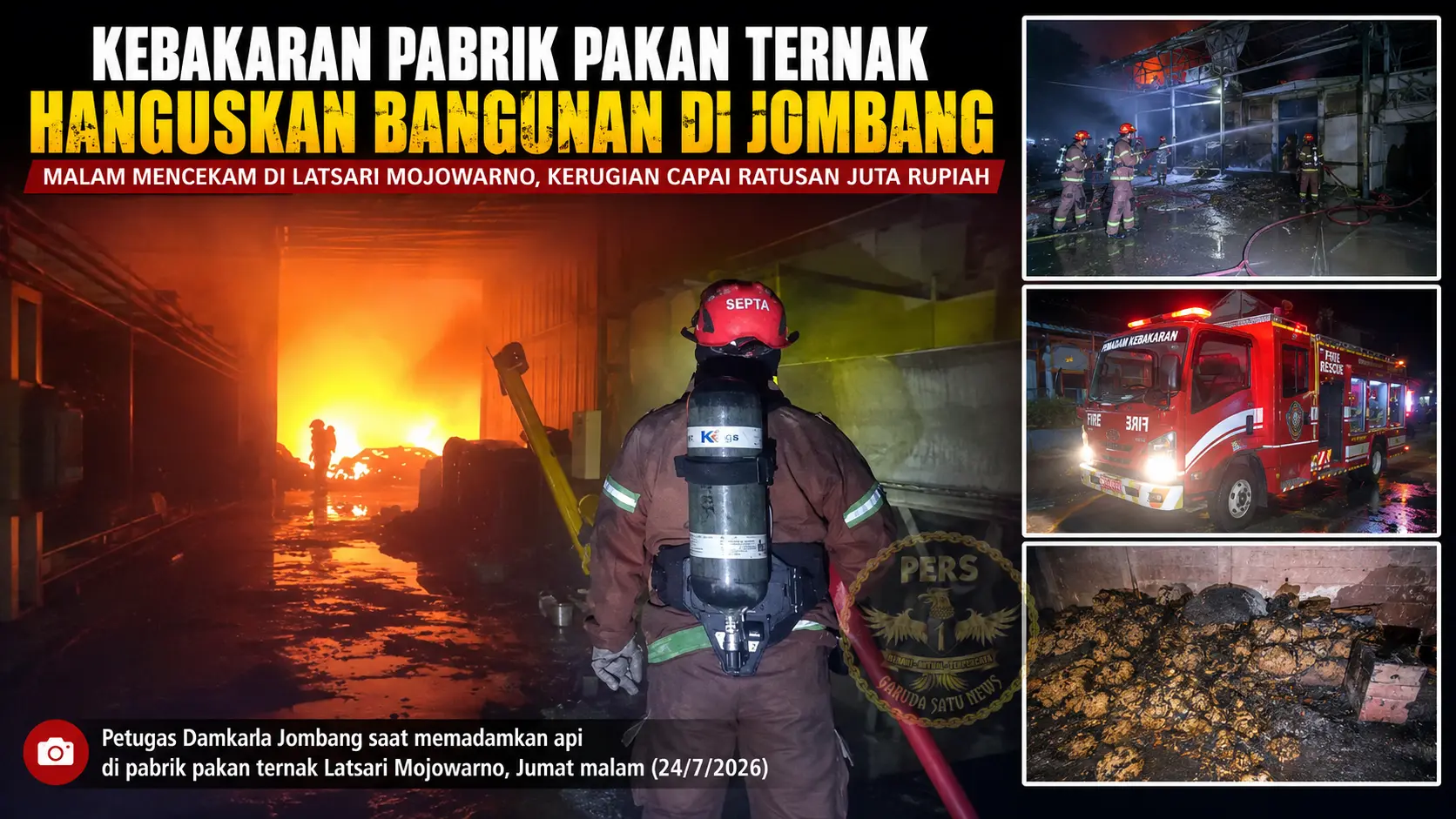Kebakaran Pabrik Pakan Ternak Hanguskan Bangunan di Jombang