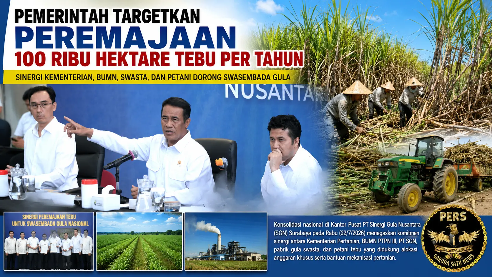 Pemerintah Targetkan Peremajaan 100 Ribu Hektare Tebu per Tahun