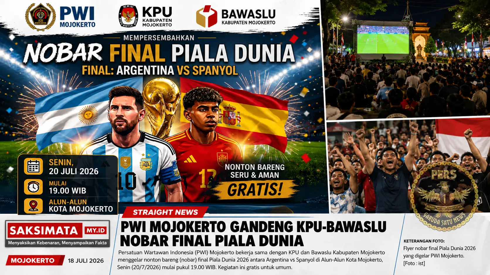 PWI Mojokerto Gandeng KPU-Bawaslu Nobar Final Piala Dunia
