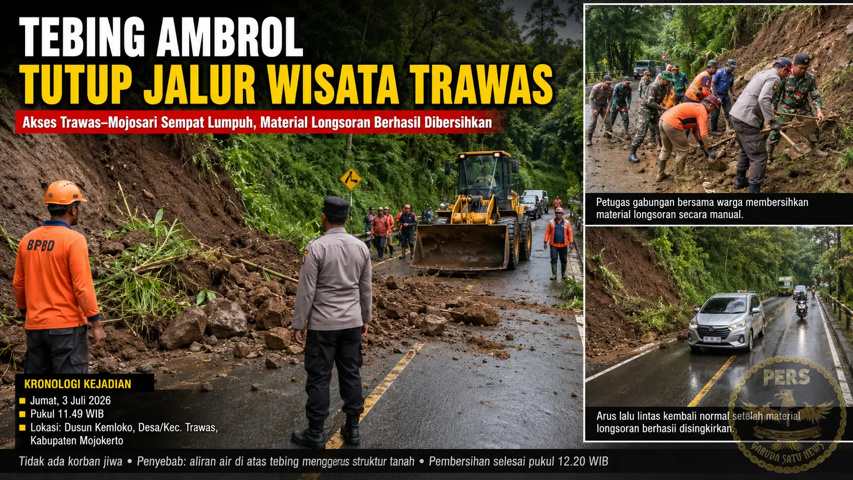 Tebing Ambrol Tutup Jalur Wisata Trawas