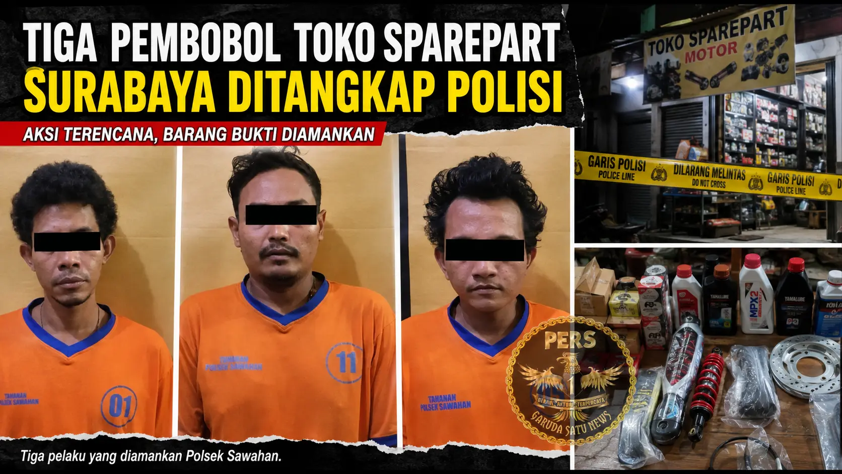 Tiga Pembobol Toko Sparepart Surabaya Ditangkap Poliisi