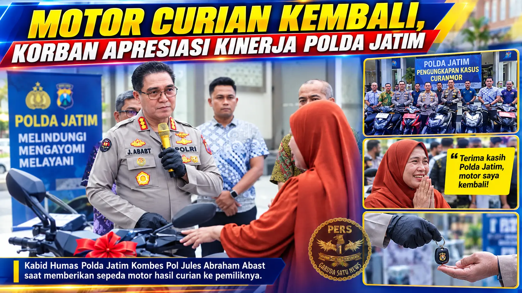 Motor Curian Kembali, Korban Apresiasi Kinerja Polda Jatim