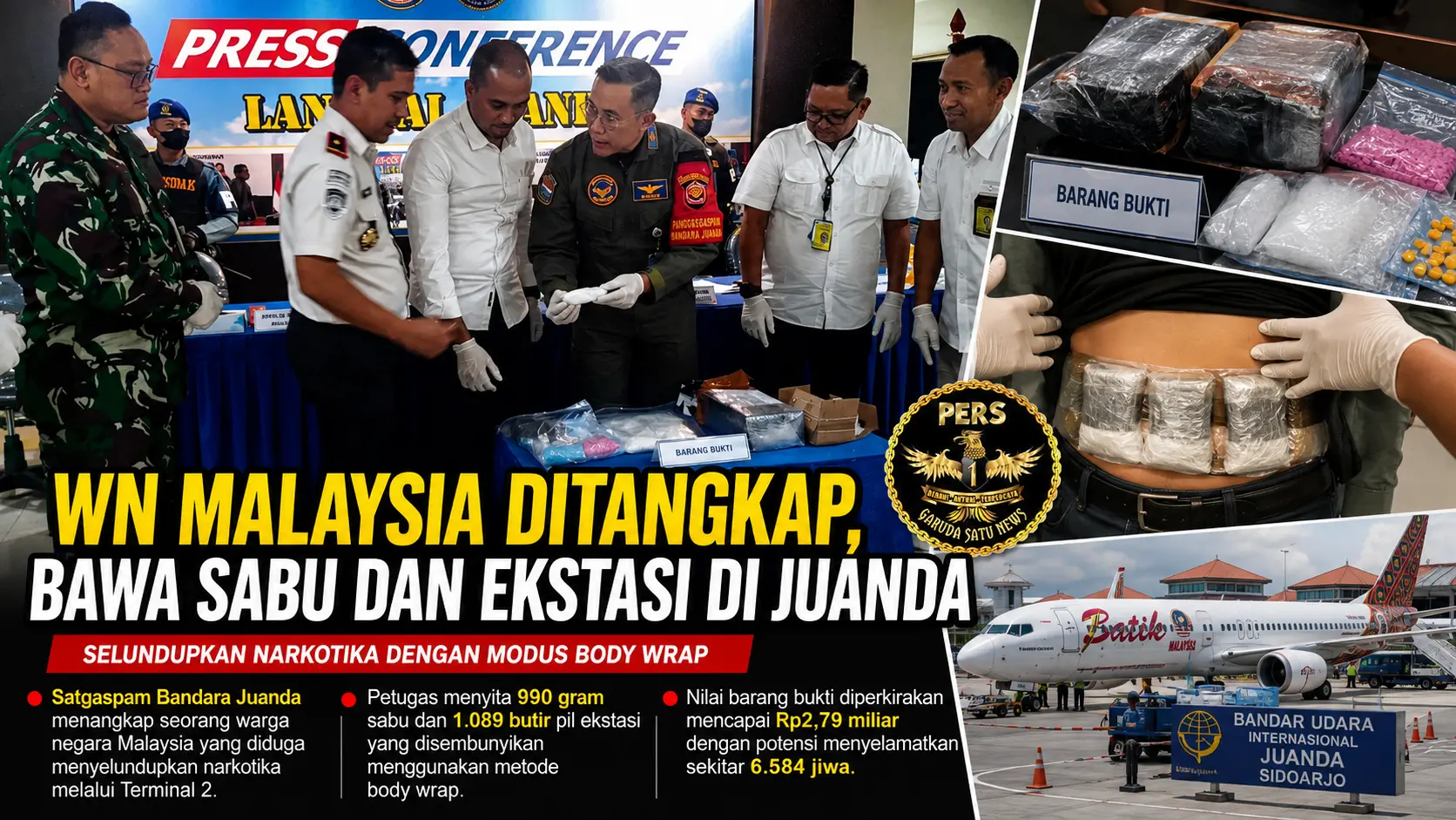 WN Malaysia Ditangkap, Bawa Sabu dan Ekstasi di Juanda